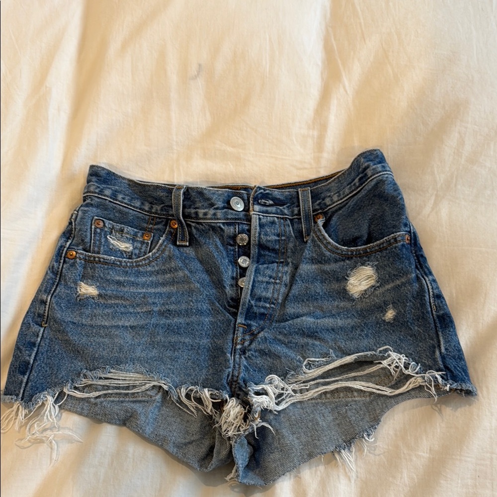 Levi's Blue Mid-rise Jean Shorts Distressed Raw Hem